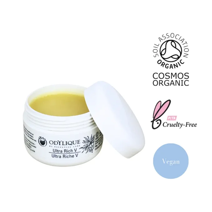 Odylique Baume Ultra Riche V – pot ouvert baume jaune, certifié Cosmos Organic, vegan, cruelty-free