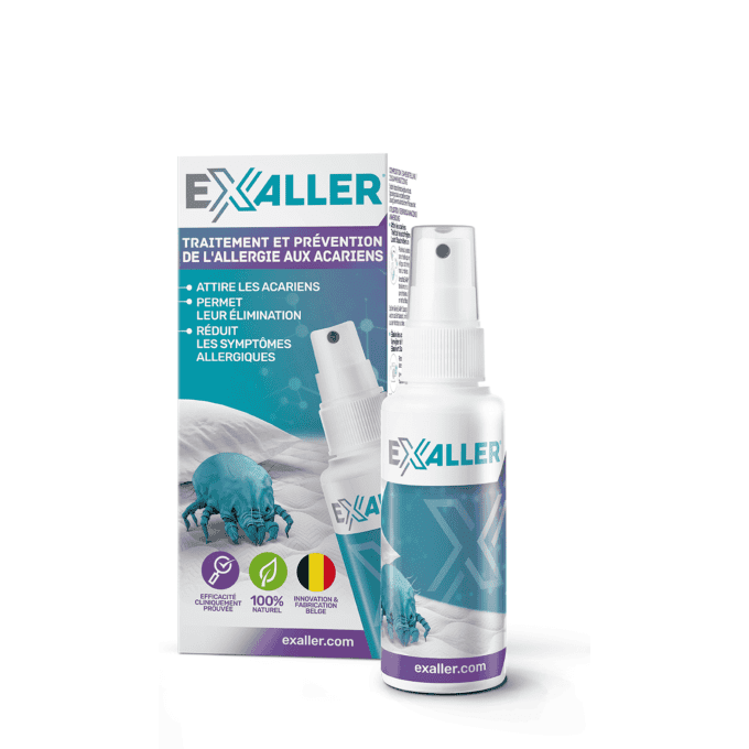 Spray anti-acariens ExAller 150 ml avec flacon et boîte, solution naturelle pour éliminer les acarie